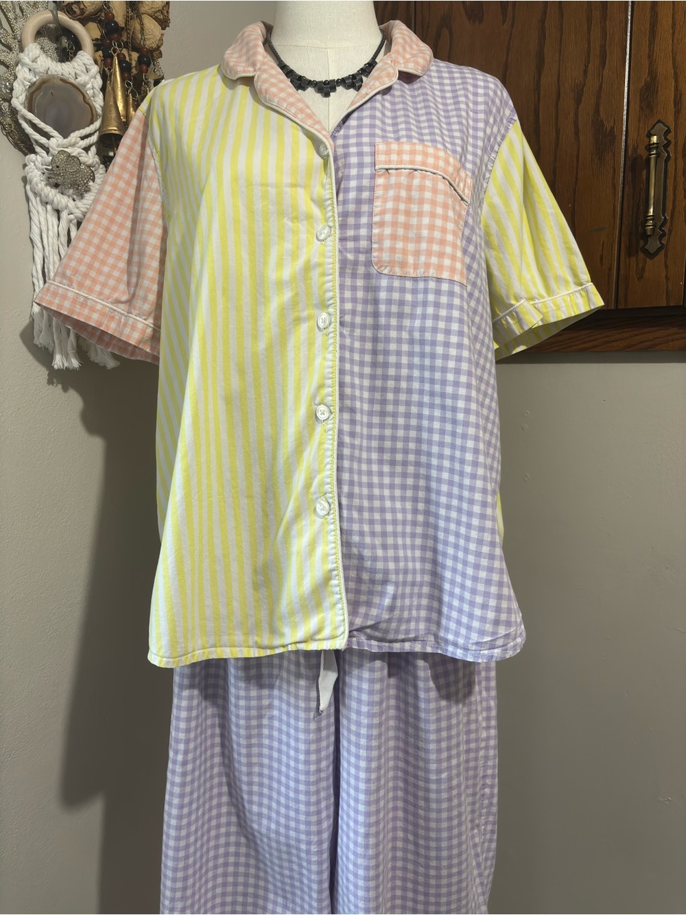 Vintage Lands' End Gingham Stripe Pajama Set Large Yellow Pink Cozy 100% Cotton - Picture 2 of 14